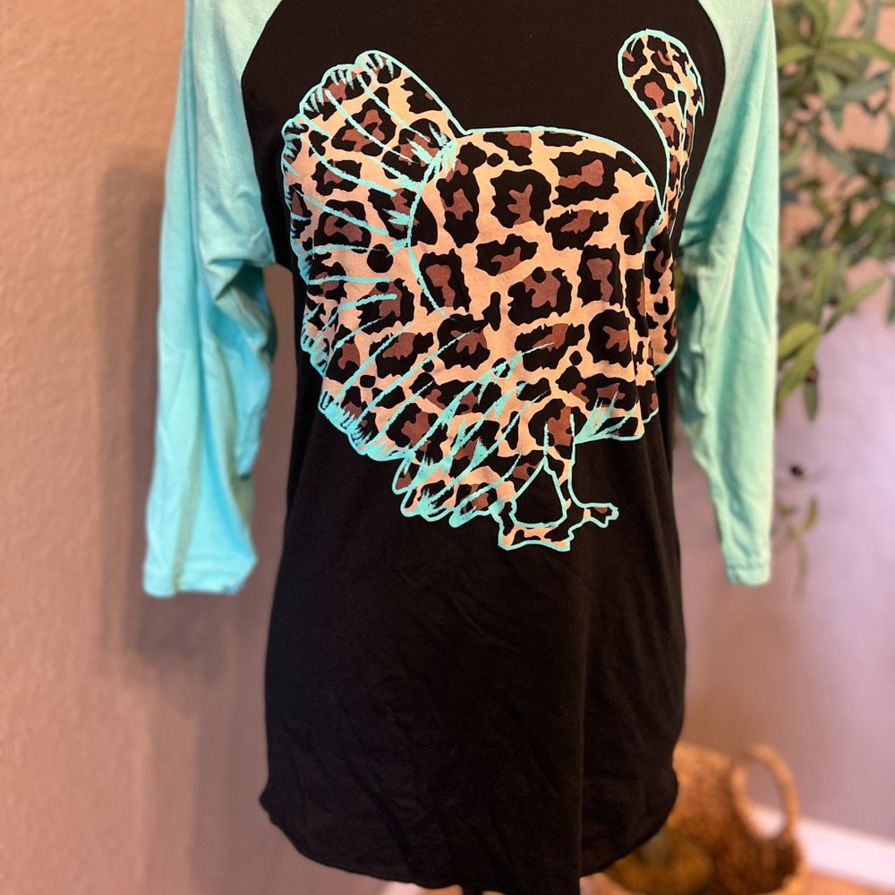 Leopard Turkey / Gobbler Crazy Train 3/4 Sleeve Thanksgiving Ladies Shirt